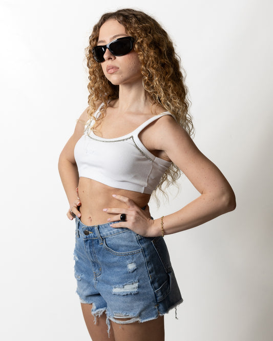 Top Disclaimer cropped in costina con strass donna