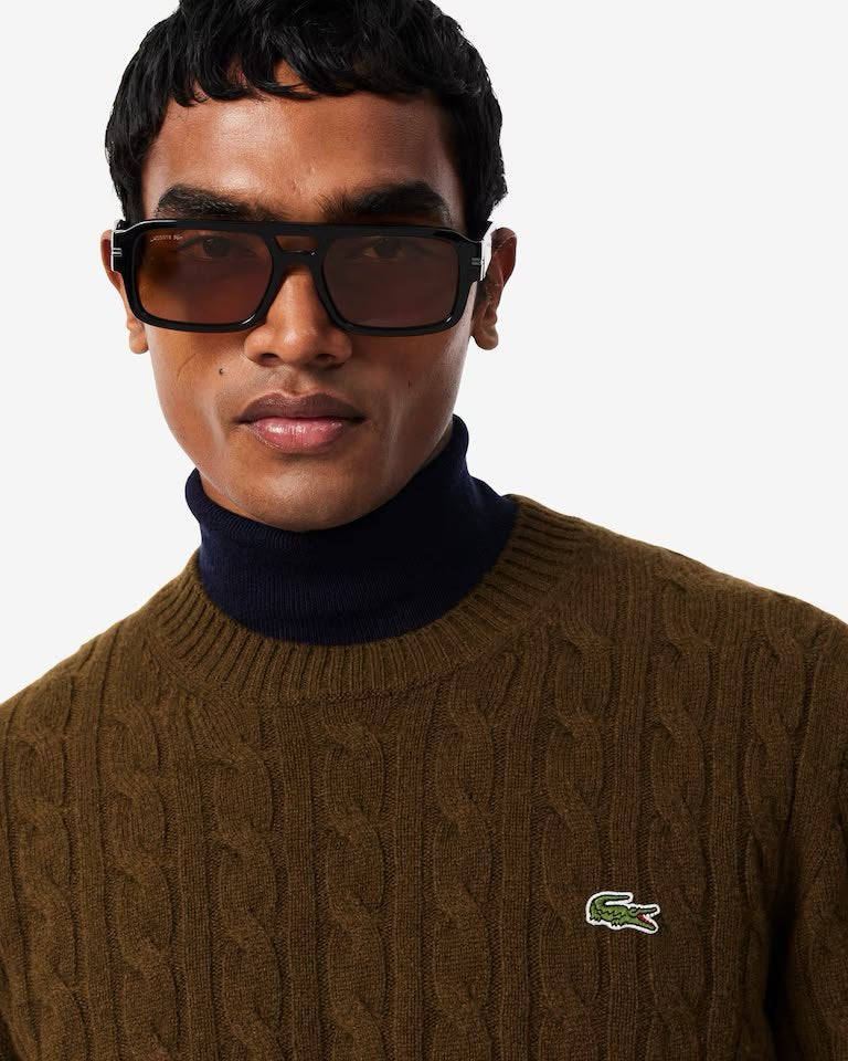 Maglia Lacoste treccia inglese in lana con logo ricamato