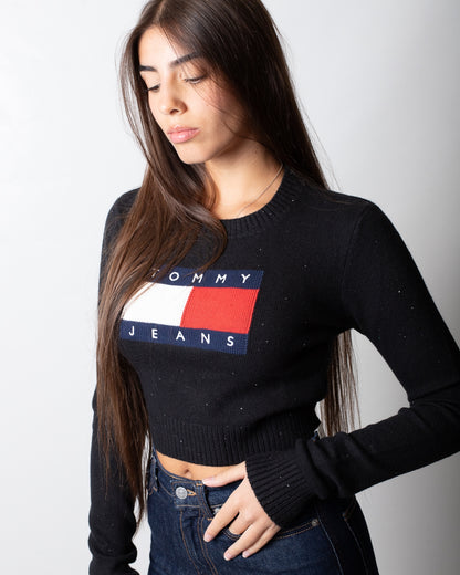 Maglia Tommy Jeans girocollo cropped "Sparkle Flag" donna