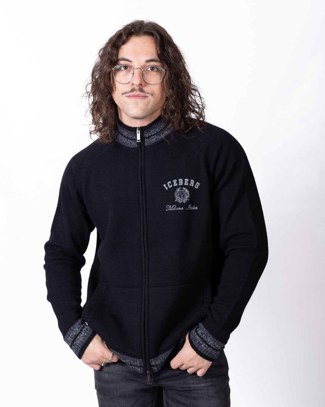 Maglia Iceberg in lana full zip con logo ricamato
