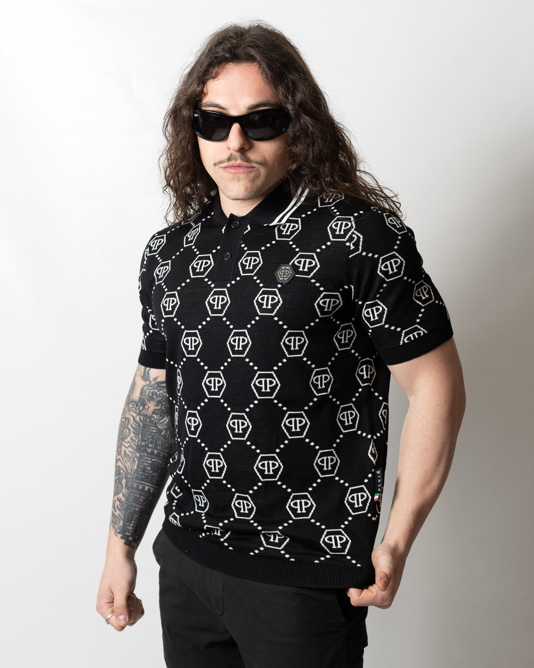 Polo Philipp Plein in misto lana "Jacquard Monogram" uomo