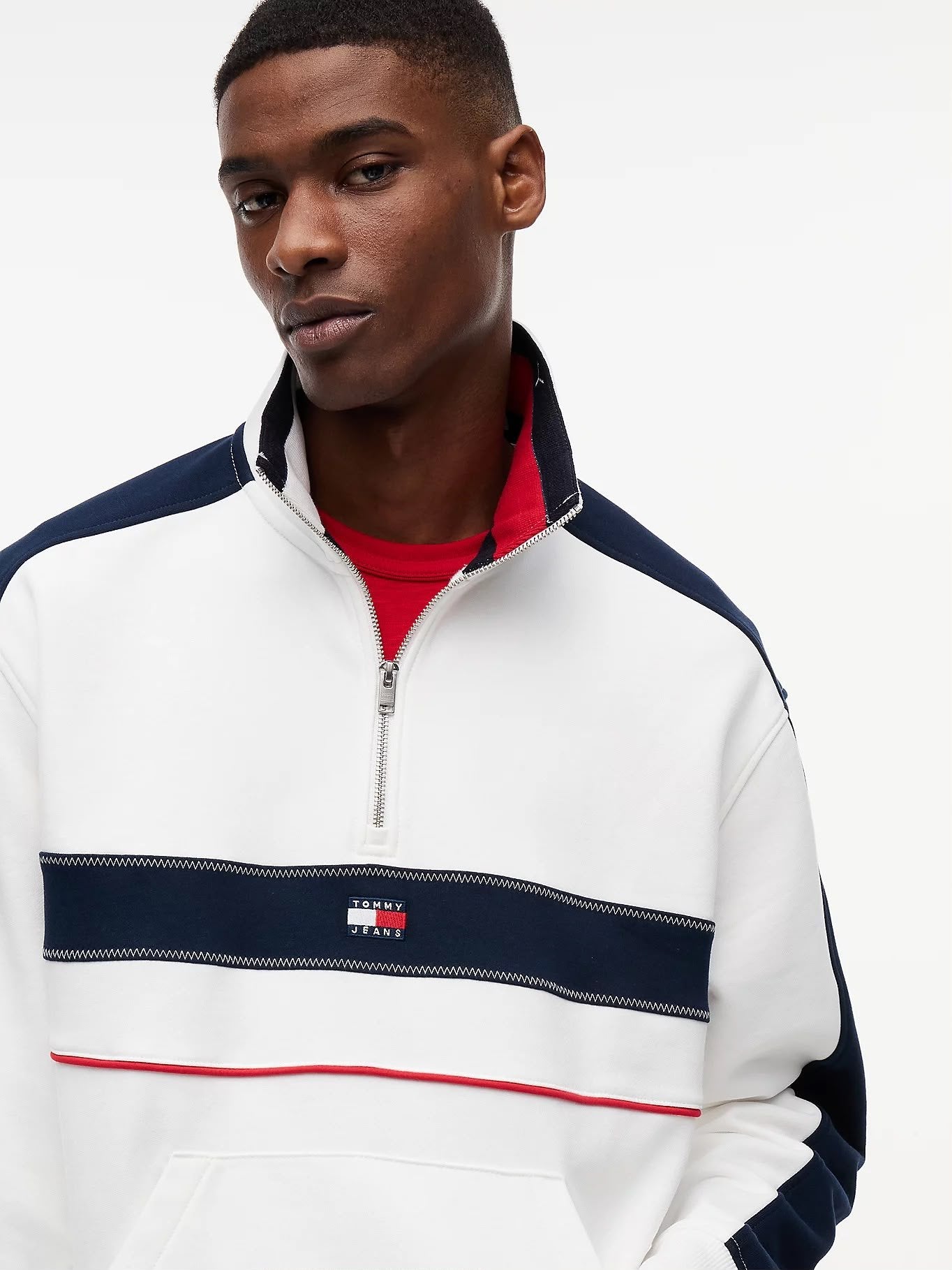Felpa Tommy Jeans mezza zip a righe con logo flag uomo