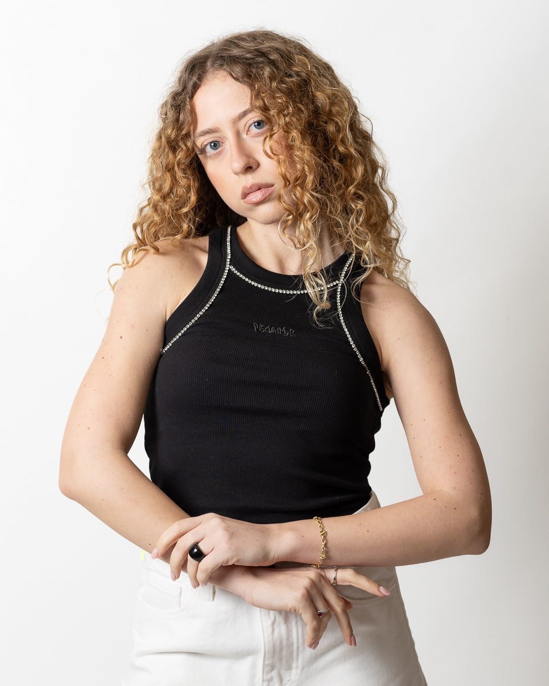 Canotta Disclaimer in costina con strass donna