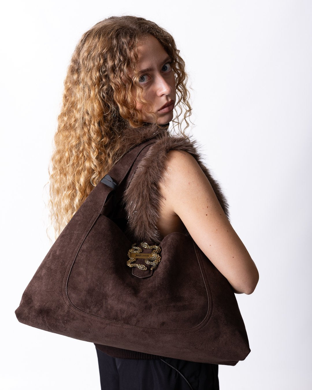 Borsa Just Cavalli in camoscio con dettaglio logo in metallo oro