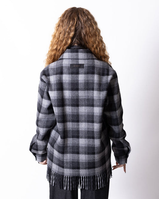 Giubbotto Iceberg in lana motivo tartan con frange e logo in metallo