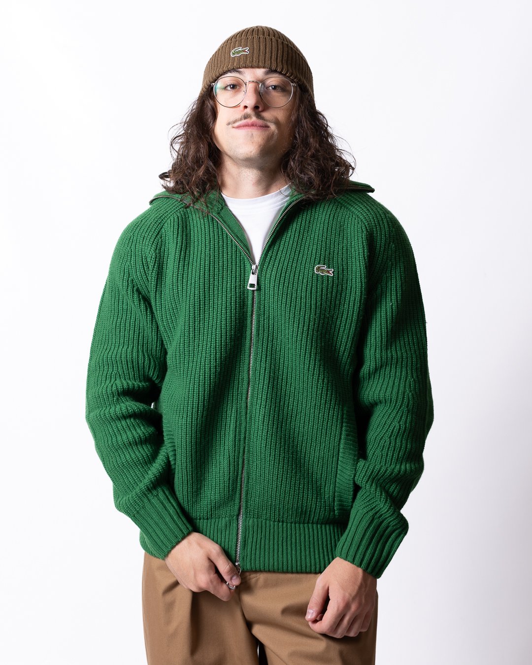 Maglia Lacoste fullzip a collo alto in lana con costine uomo