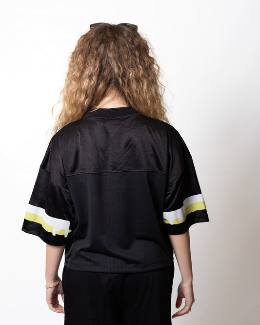 T-Shirt Disclaimer cropped con stampa spray donna