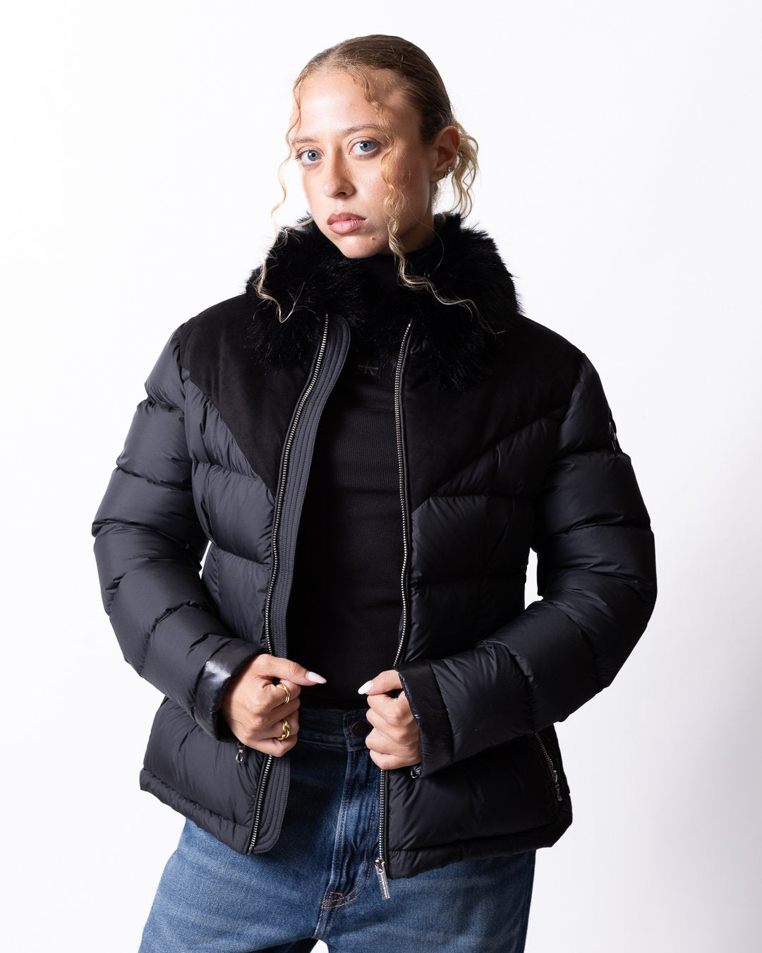 Piumino Colmar con ecopelliccia e inserti in velluto donna