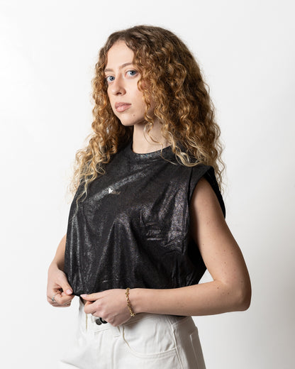 Canotta Disclaimer cropped glitterata donna