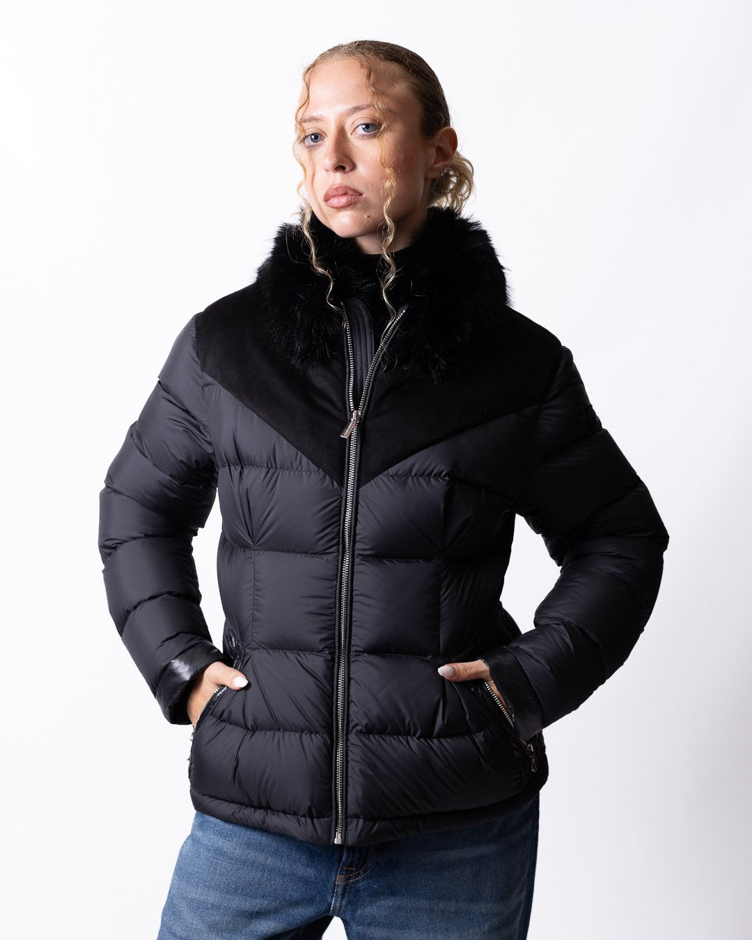 Piumino Colmar con ecopelliccia e inserti in velluto donna